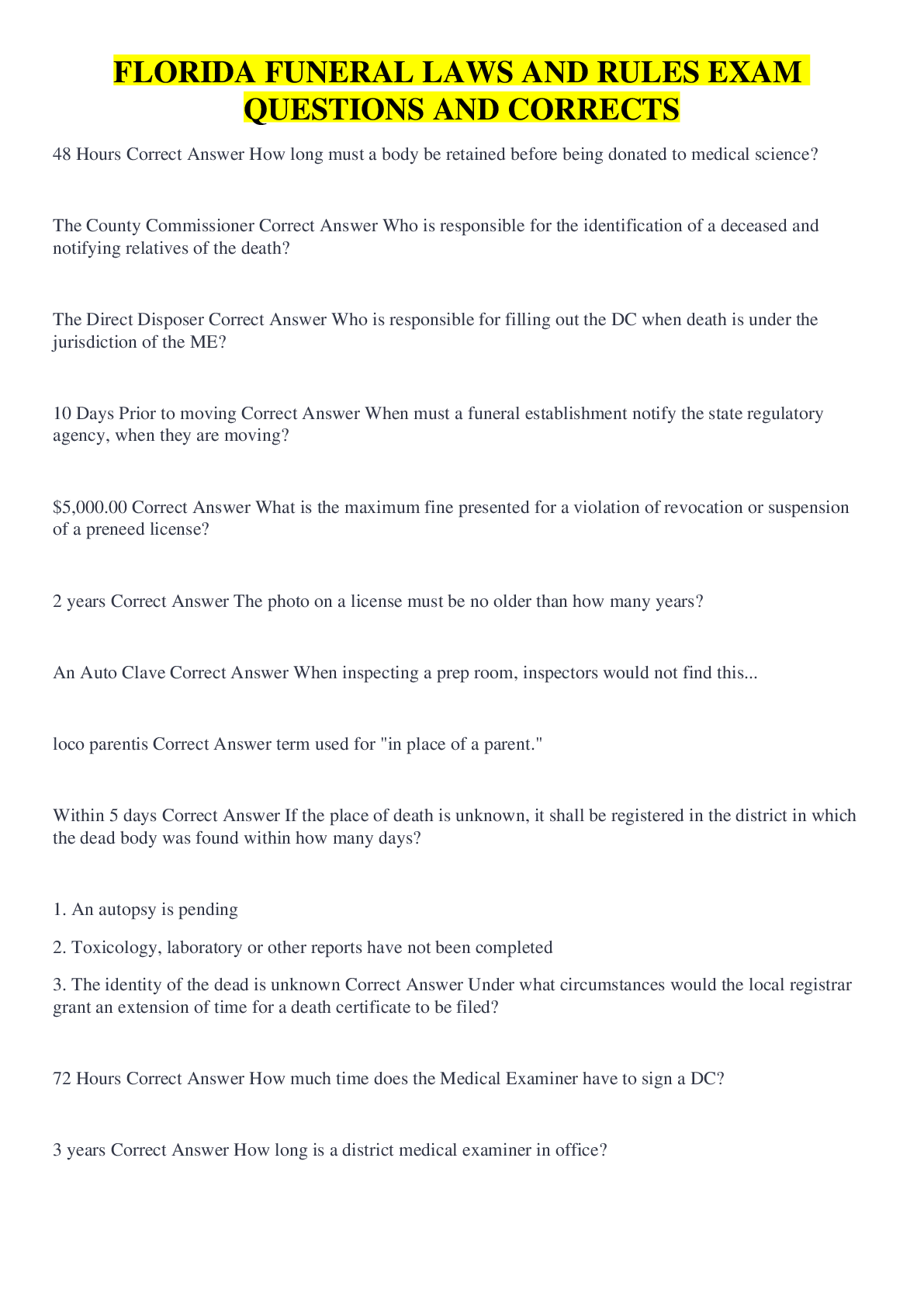 Preview image for FLORIDA FUNERAL LAWS AND RULES EXAM QUESTIONS AND CORRECTS